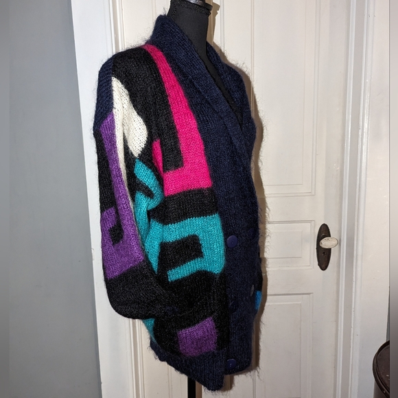 Cherrys Oversized Vintage Sweater Geometric Mohair Cardigan Medium 80s 90s - Picture 2 of 10